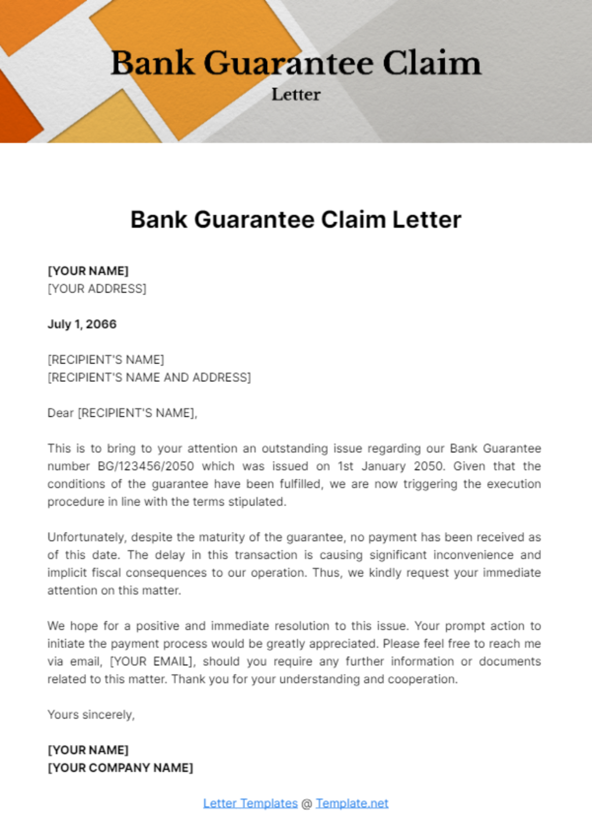 Bank Guarantee Claim Letter Template