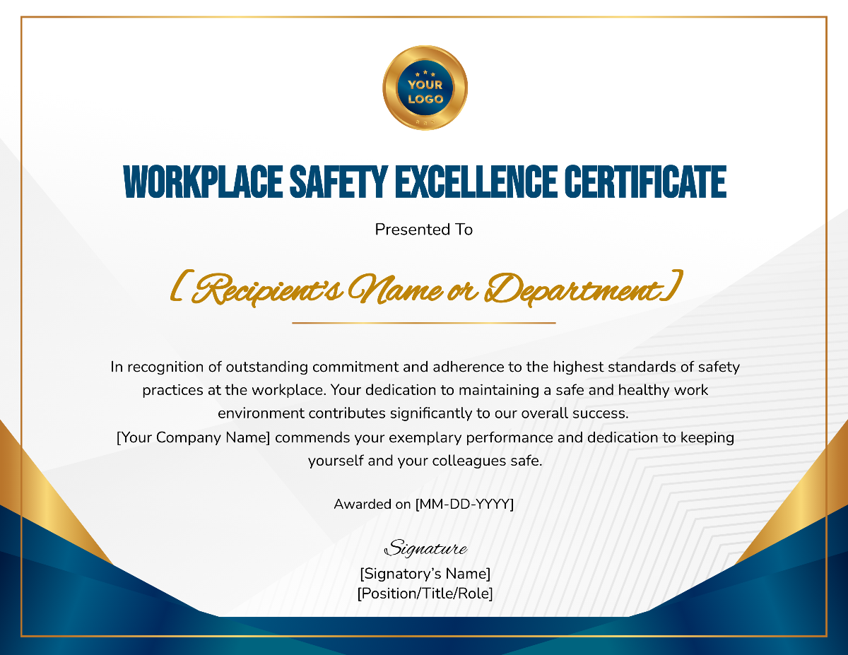 Workplace Safety Excellence Certificate Template
