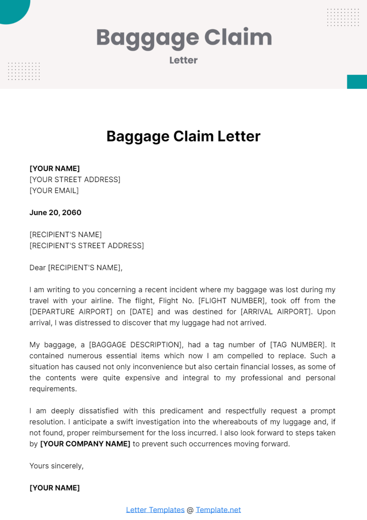 Baggage Claim Letter Template