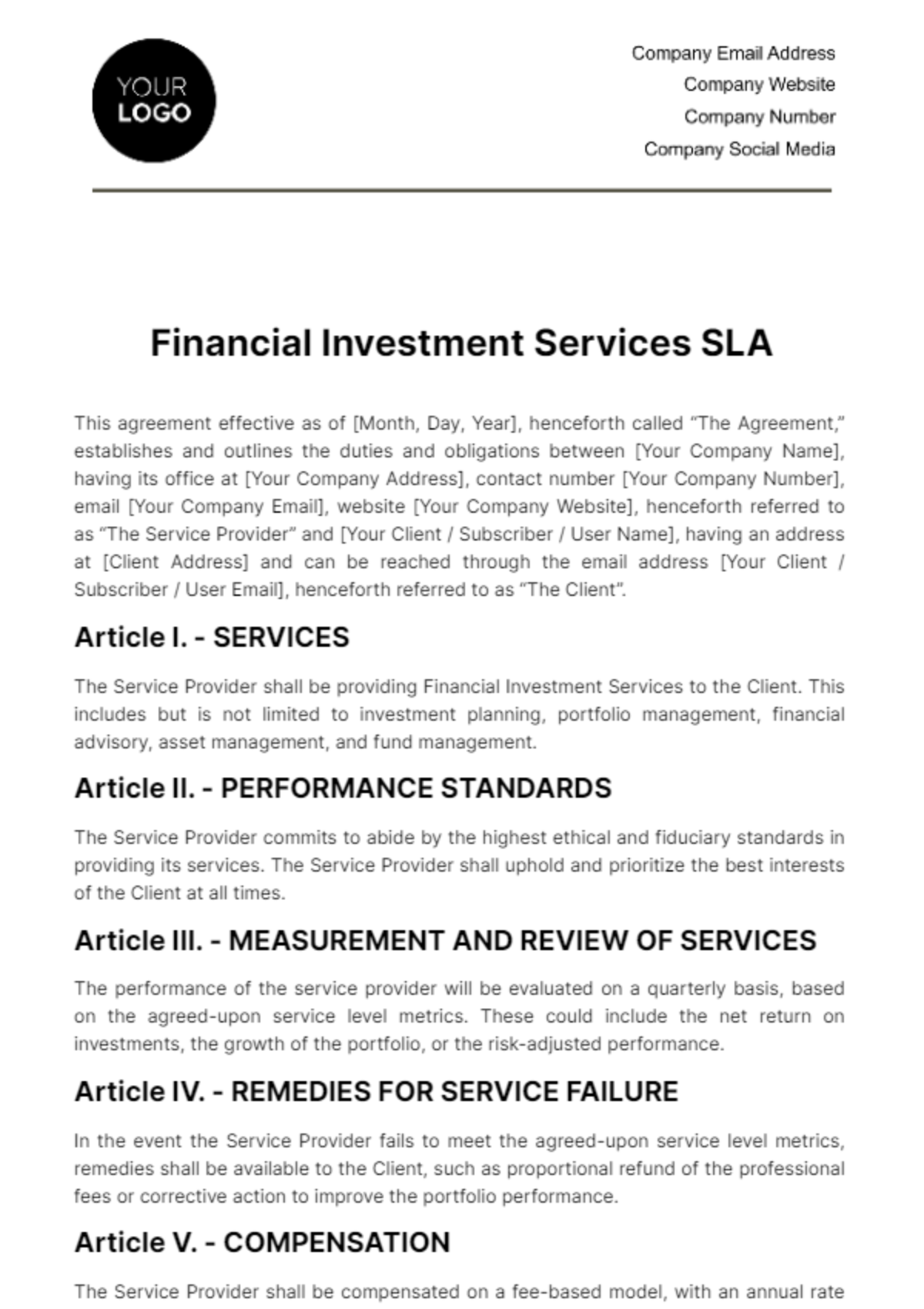 Financial Investment Services SLA Template