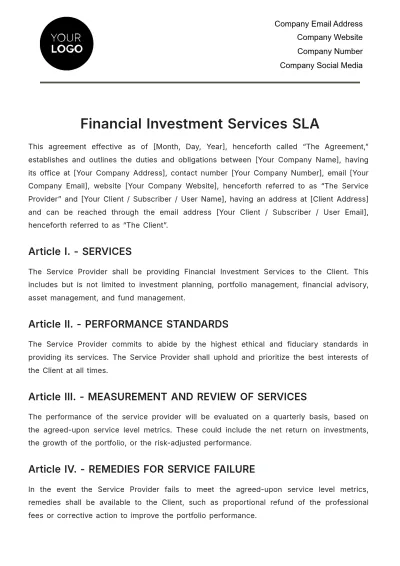 Free Financial Investment Services SLA Template to Edit Online