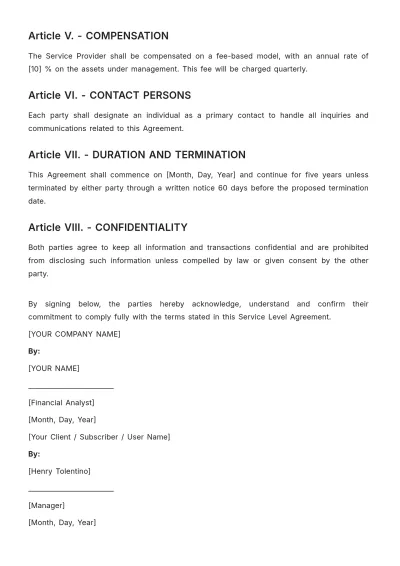 Free Financial Investment Services SLA Template to Edit Online
