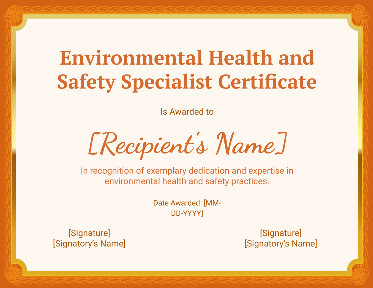 Environmental Health and Safety Specialist Certificate Template