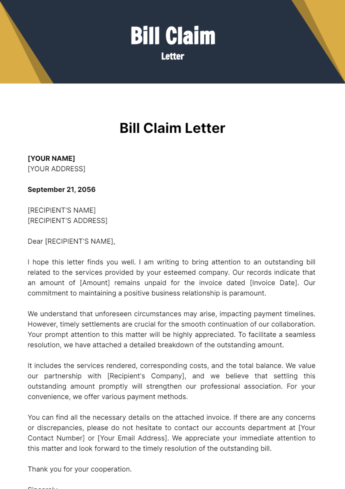 Bill Claim Letter Template