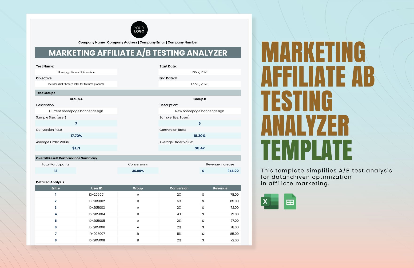 Marketing Affiliate A/B Testing Analyzer Template in Excel, Google Sheets