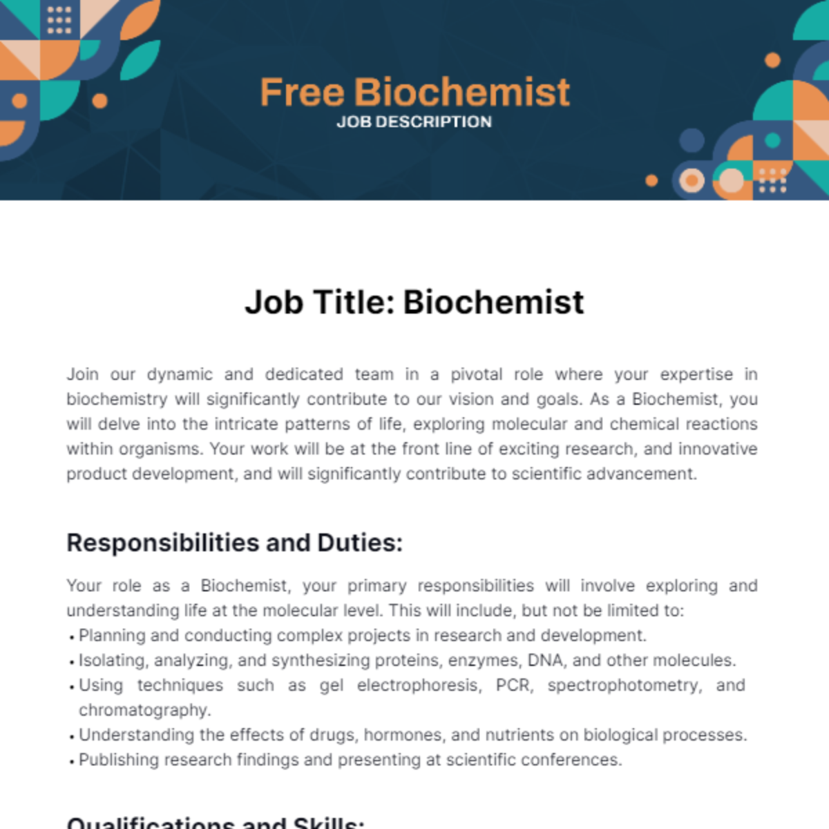 Biochemist Job Description Template