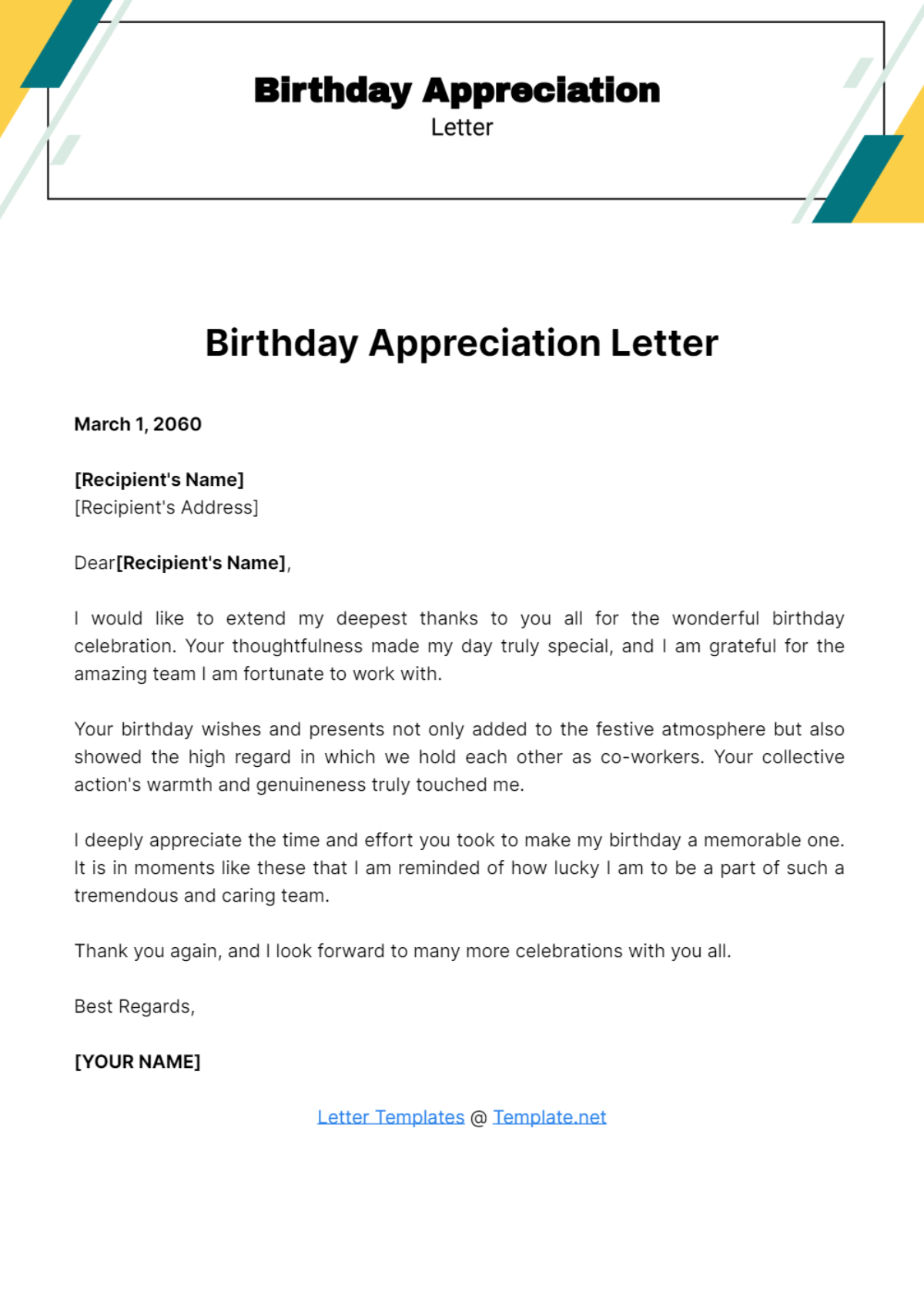 Birthday Appreciation Letter Template