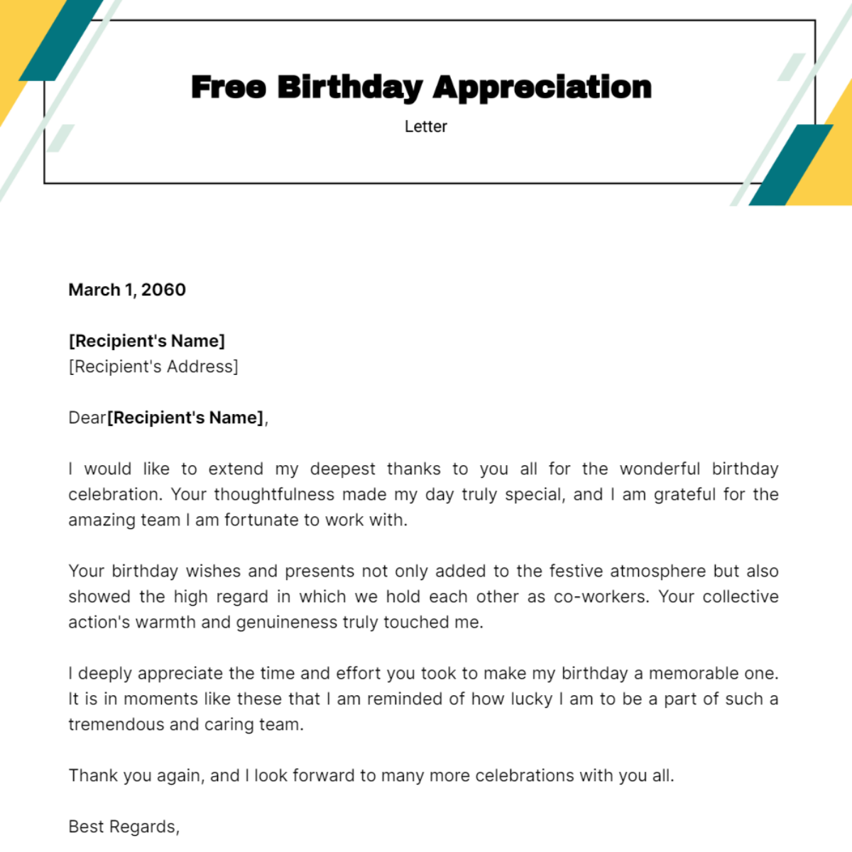 Birthday Appreciation Letter Template