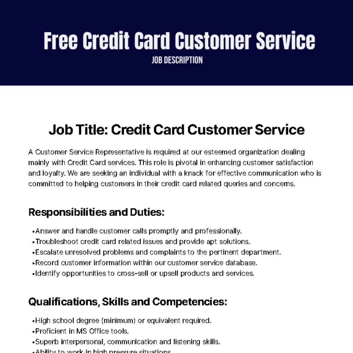 Credit Card Customer Service Job Description Template