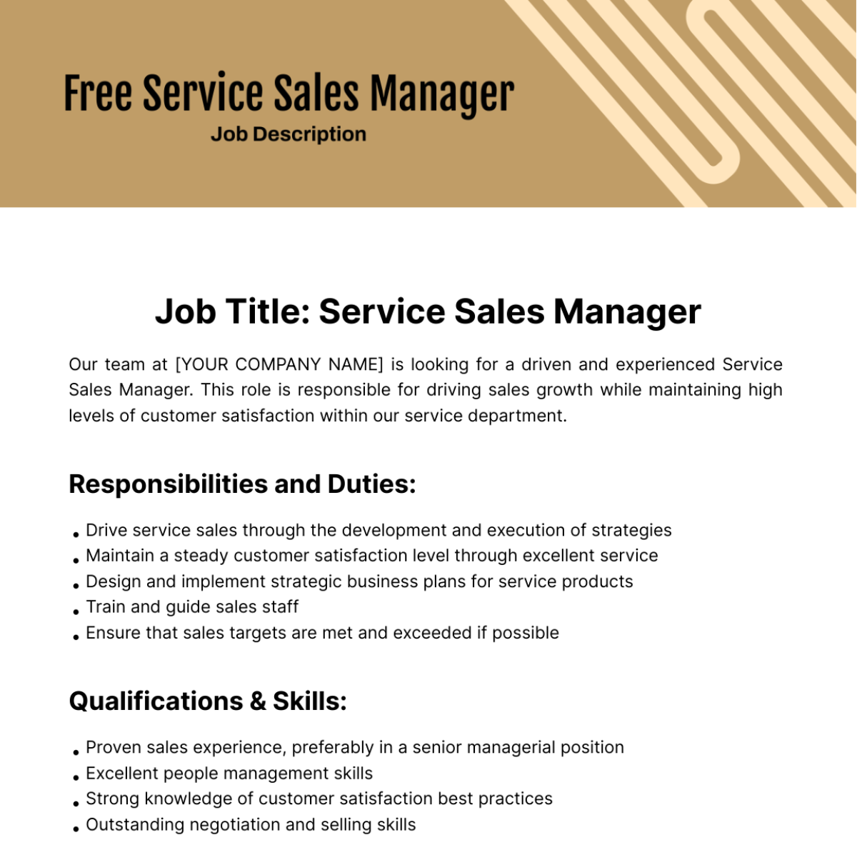 Service Sales Manager Job Description Template
