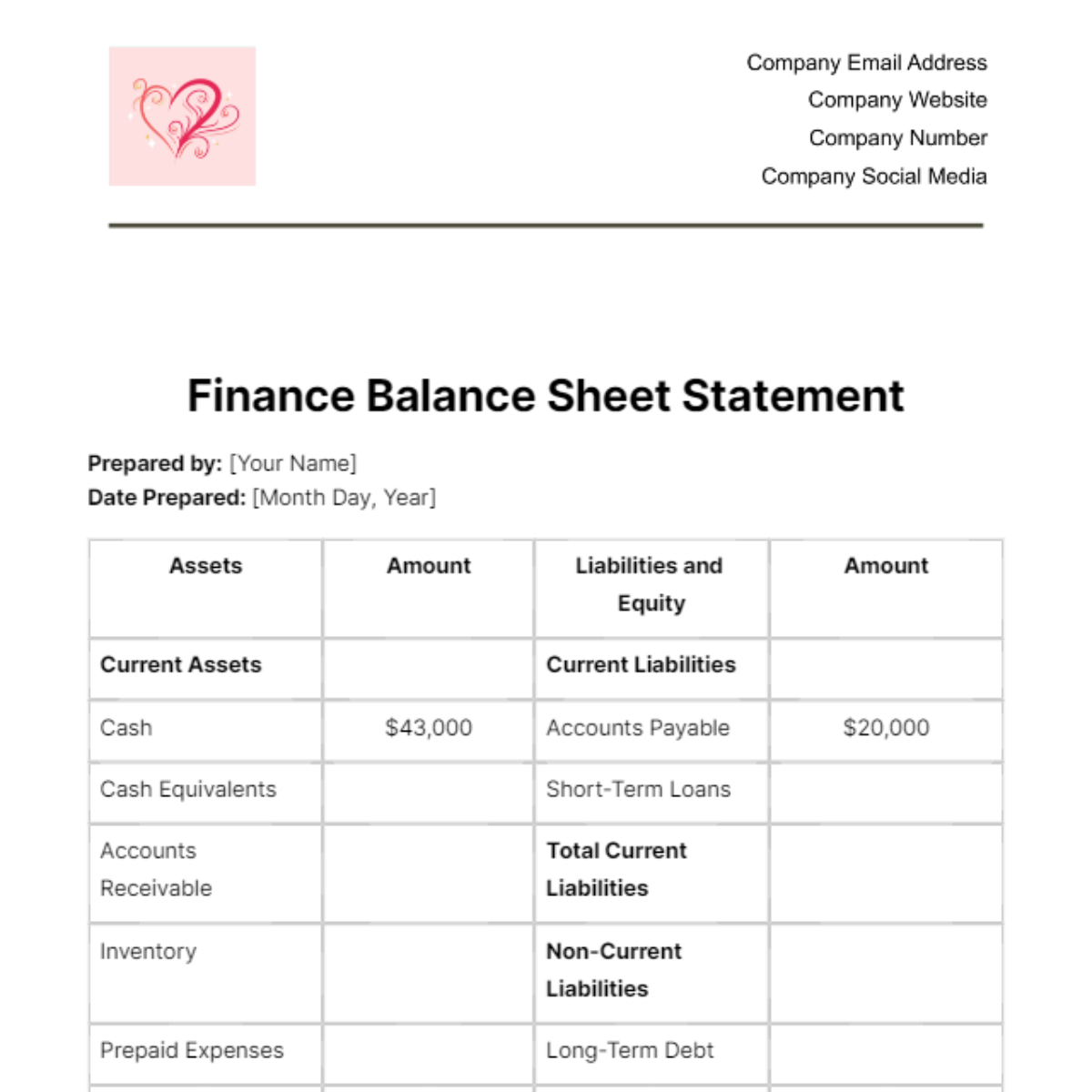 Finance Balance Sheet Statement Template - Edit Online & Download