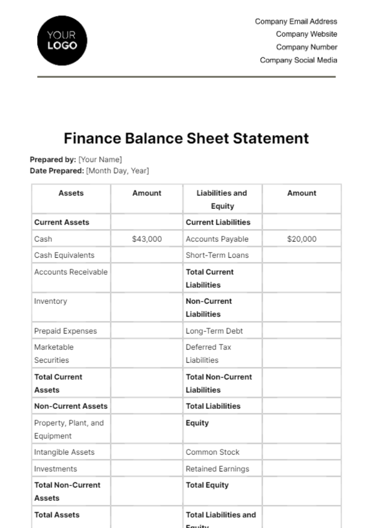 Finance Balance Sheet Statement Template