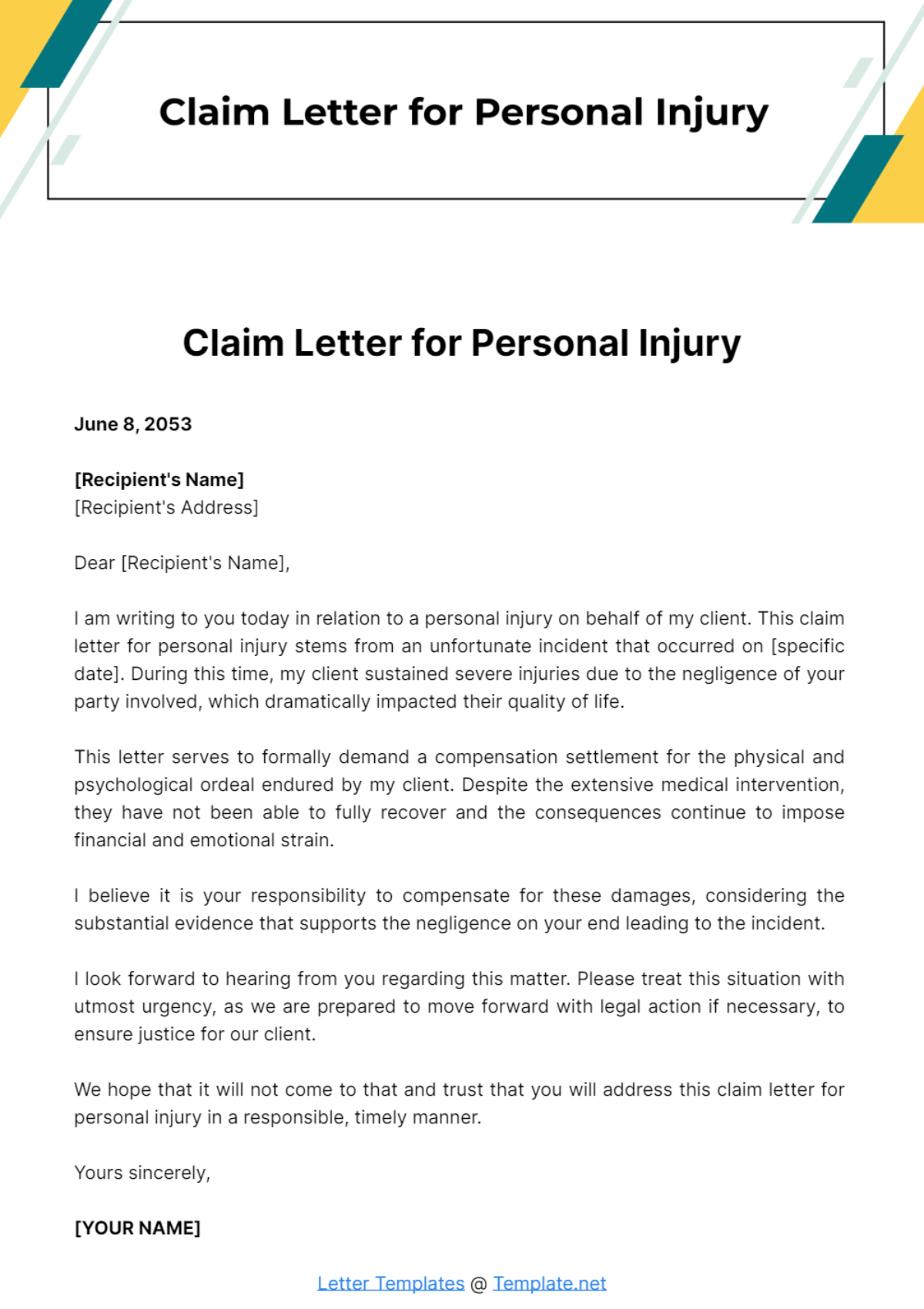Claim Letter for Personal Injury Template