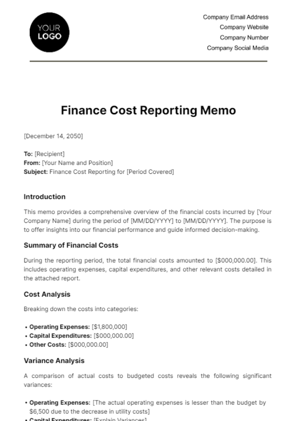 Finance Cost Reporting Memo Template - Edit Online & Download