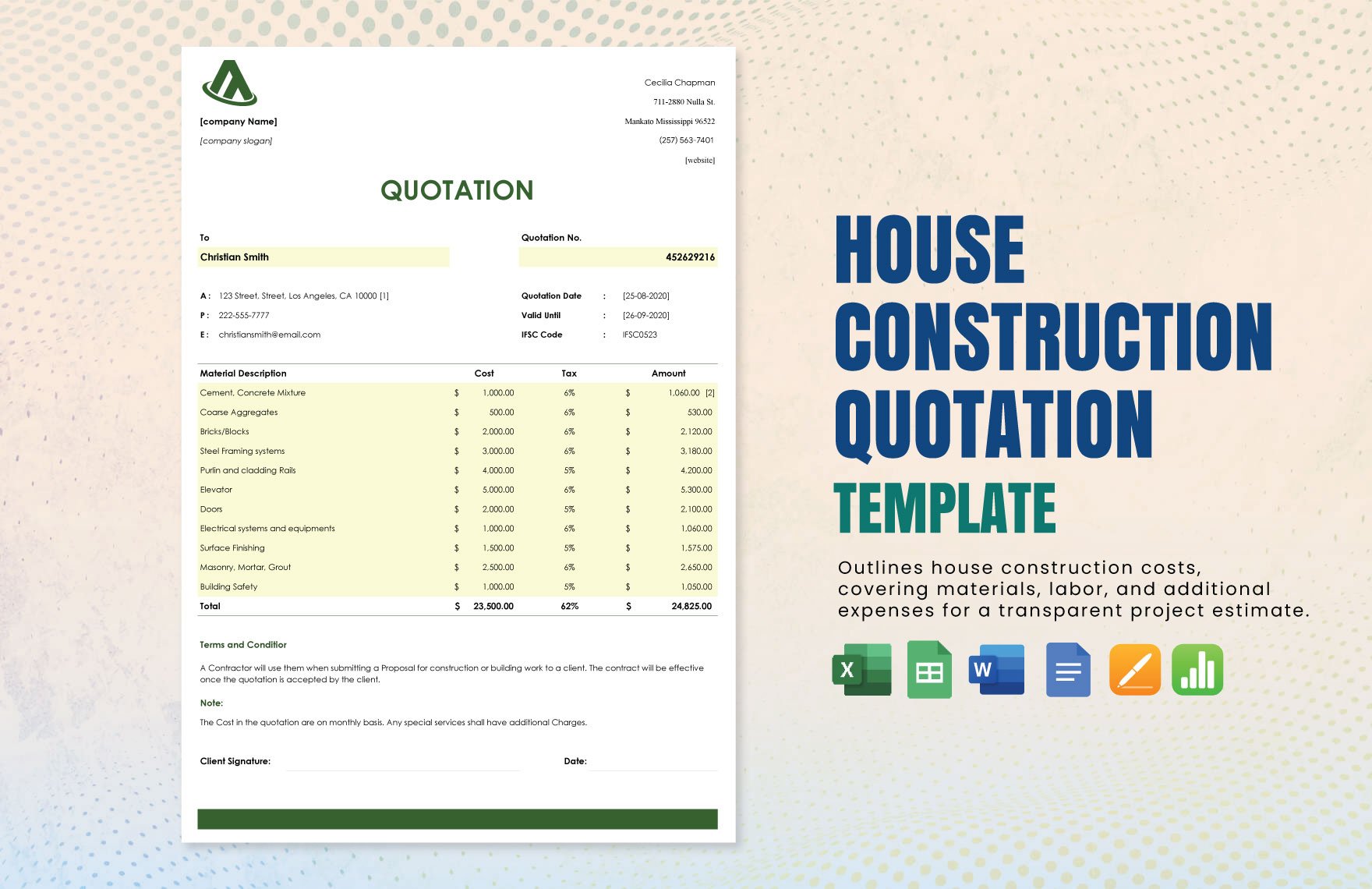 House Construction Quotation in Word, Google Docs, Excel, Google Sheets, Apple Pages, Apple Numbers