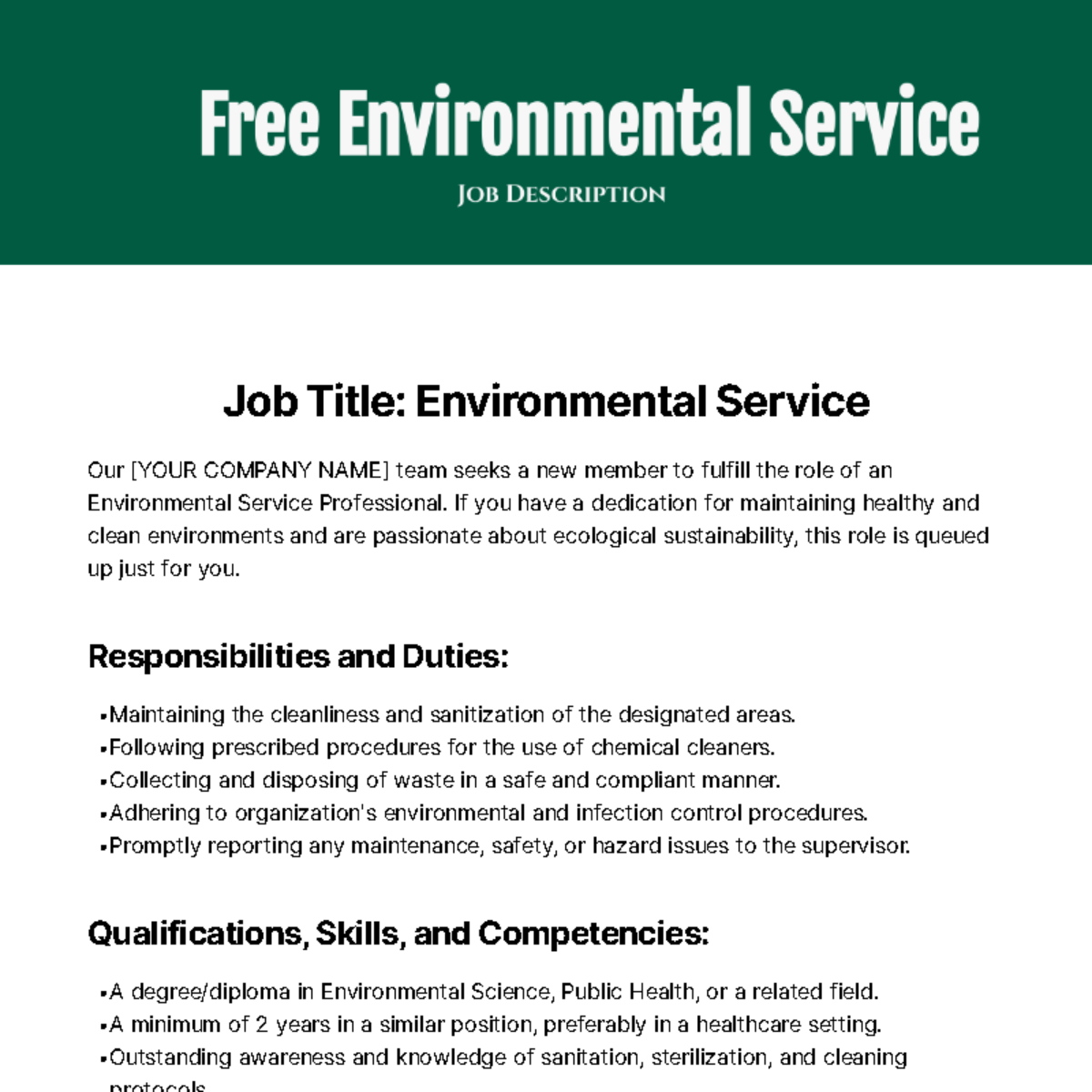 Environmental Service Job Description Template