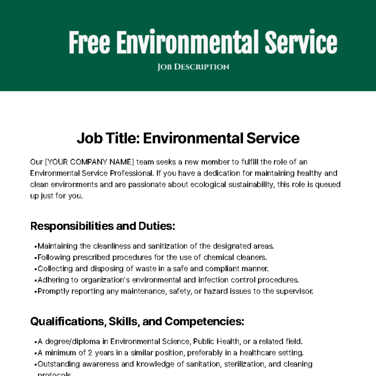 Environmental Service Job Description Template Edit Online Download 