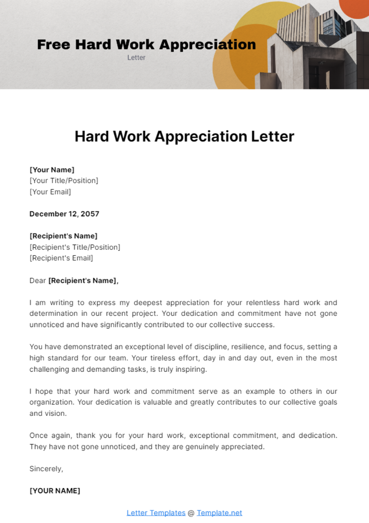 Free Hard Work Appreciation Letter Template