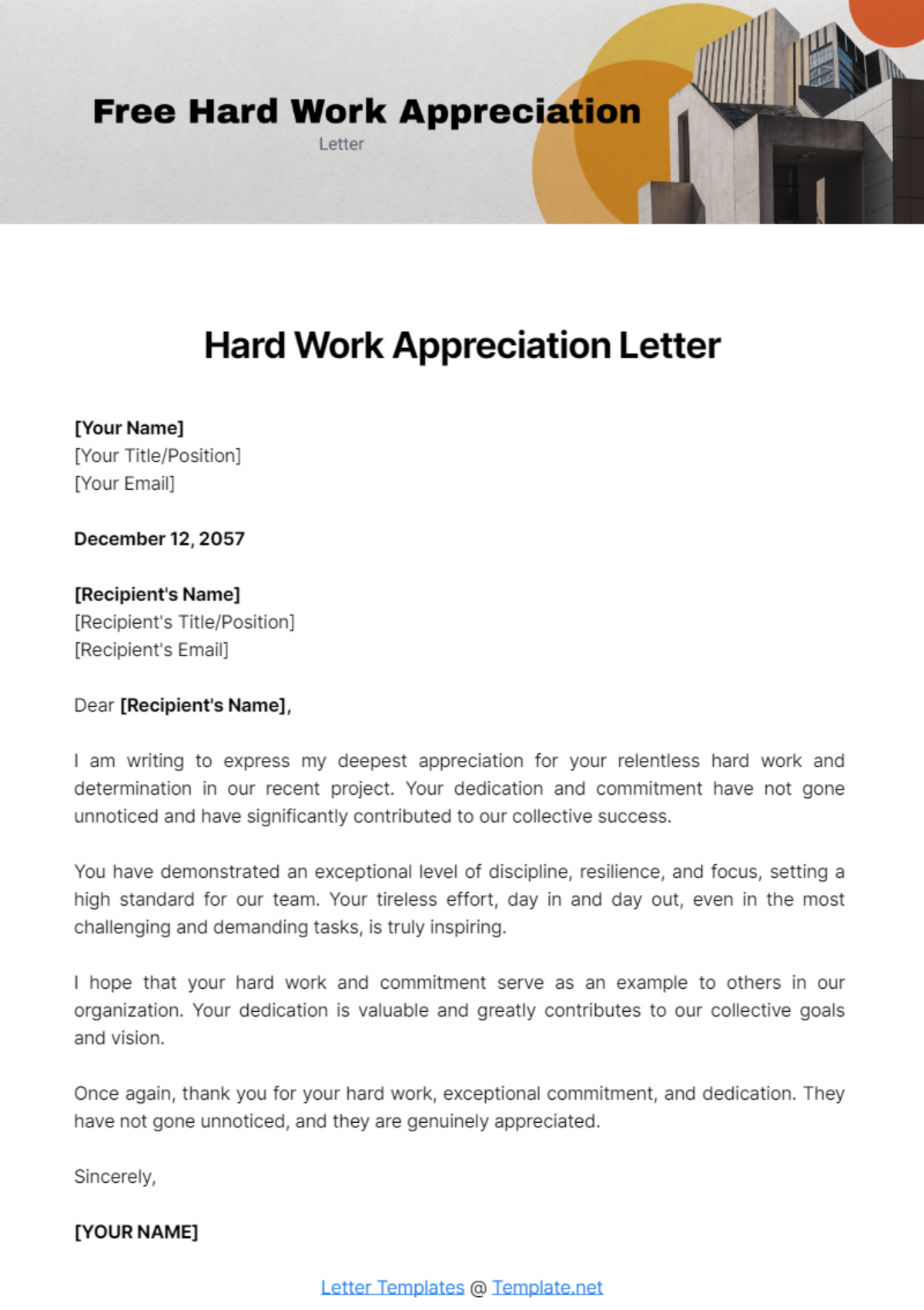 Hard Work Appreciation Letter Template