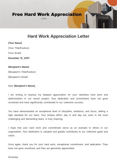 Free Hard Work Appreciation Letter Template to Edit Online
