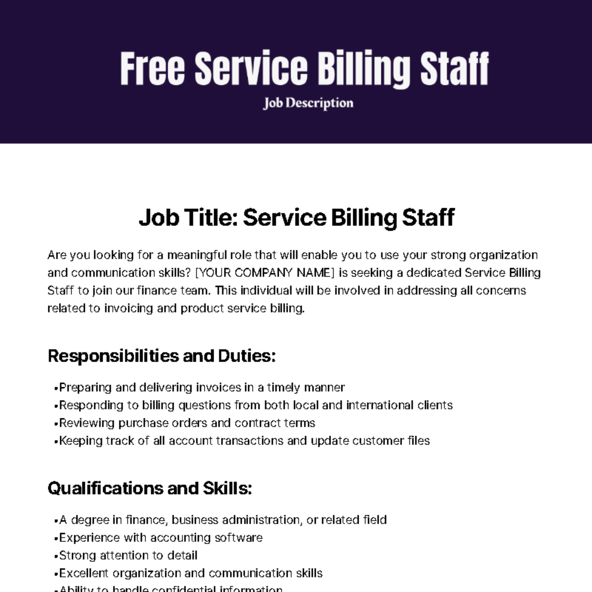 Service Billing Staff Job Description Template