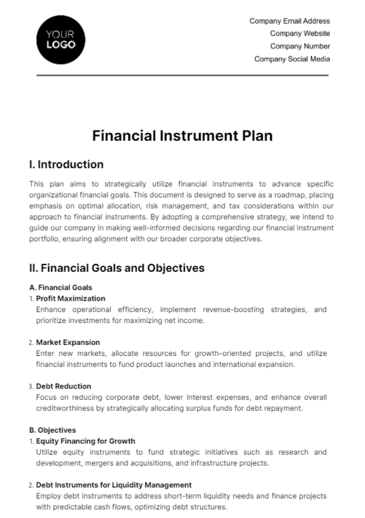 Financial Instrument Plan Template