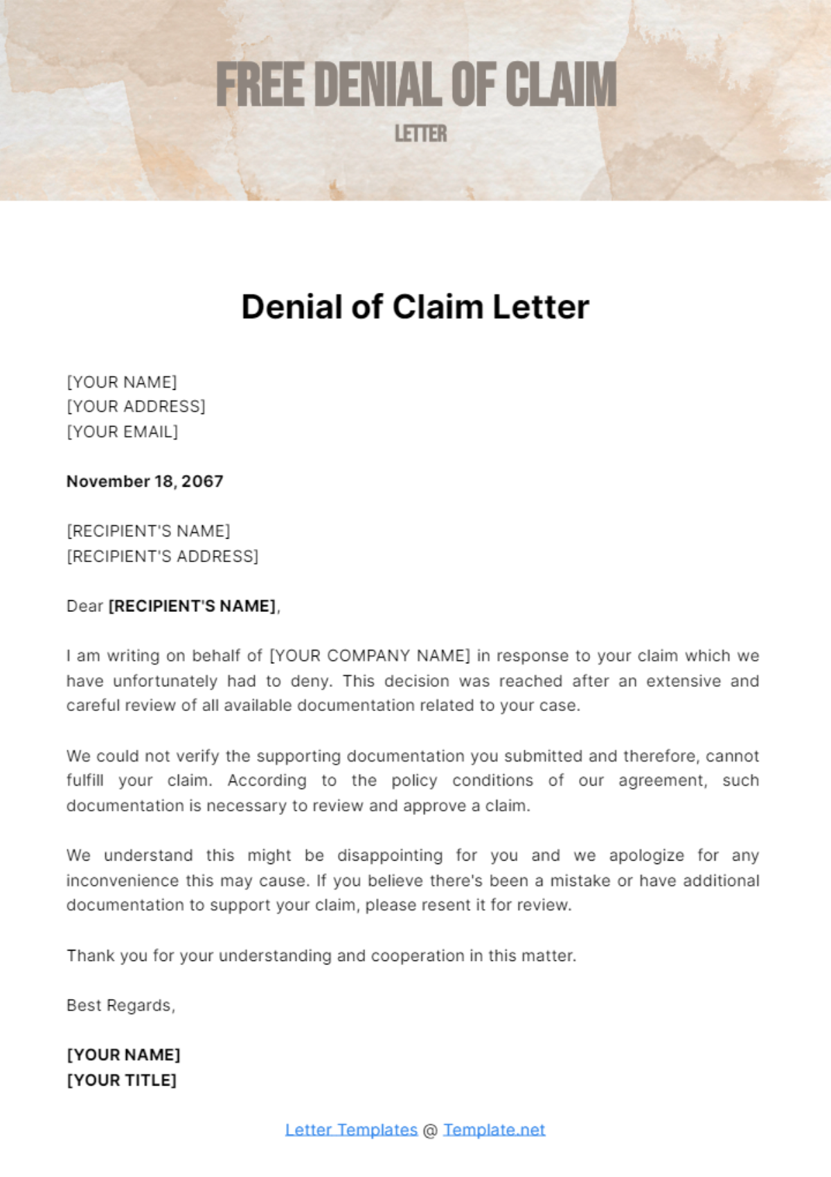 Free Denial of Claim Letter Template