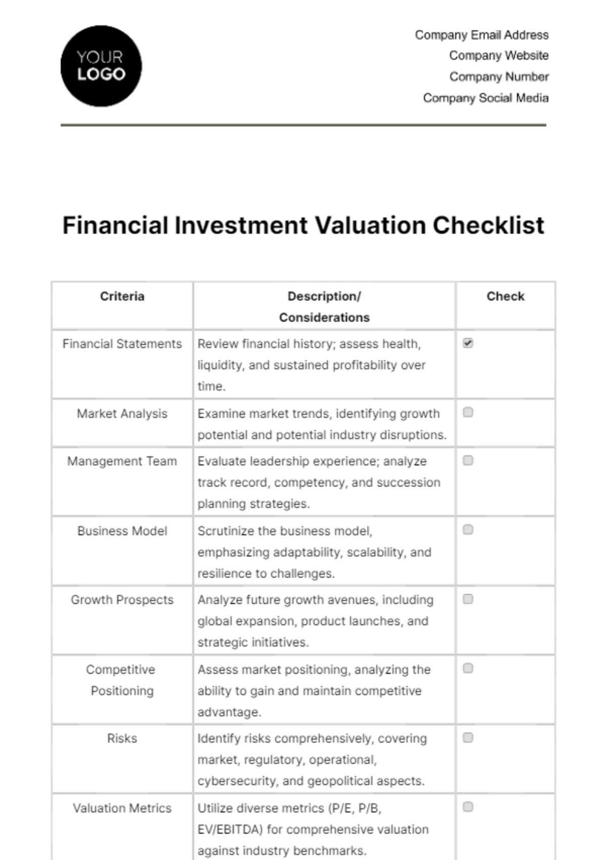 Financial Investment Valuation Checklist Template