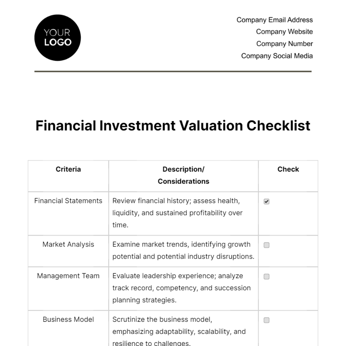 Financial Investment Valuation Checklist Template - Edit Online ...