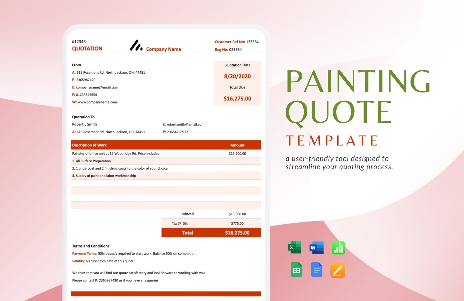 Painting Quote Template in Word, Google Docs, Excel, Google Sheets, Apple Pages, Apple Numbers