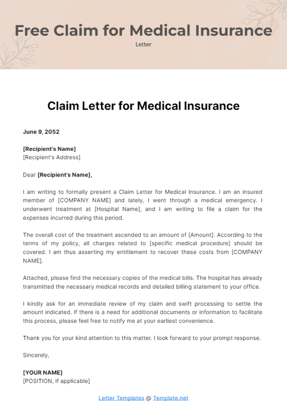 Free Claim Letter for Medical Insurance Template