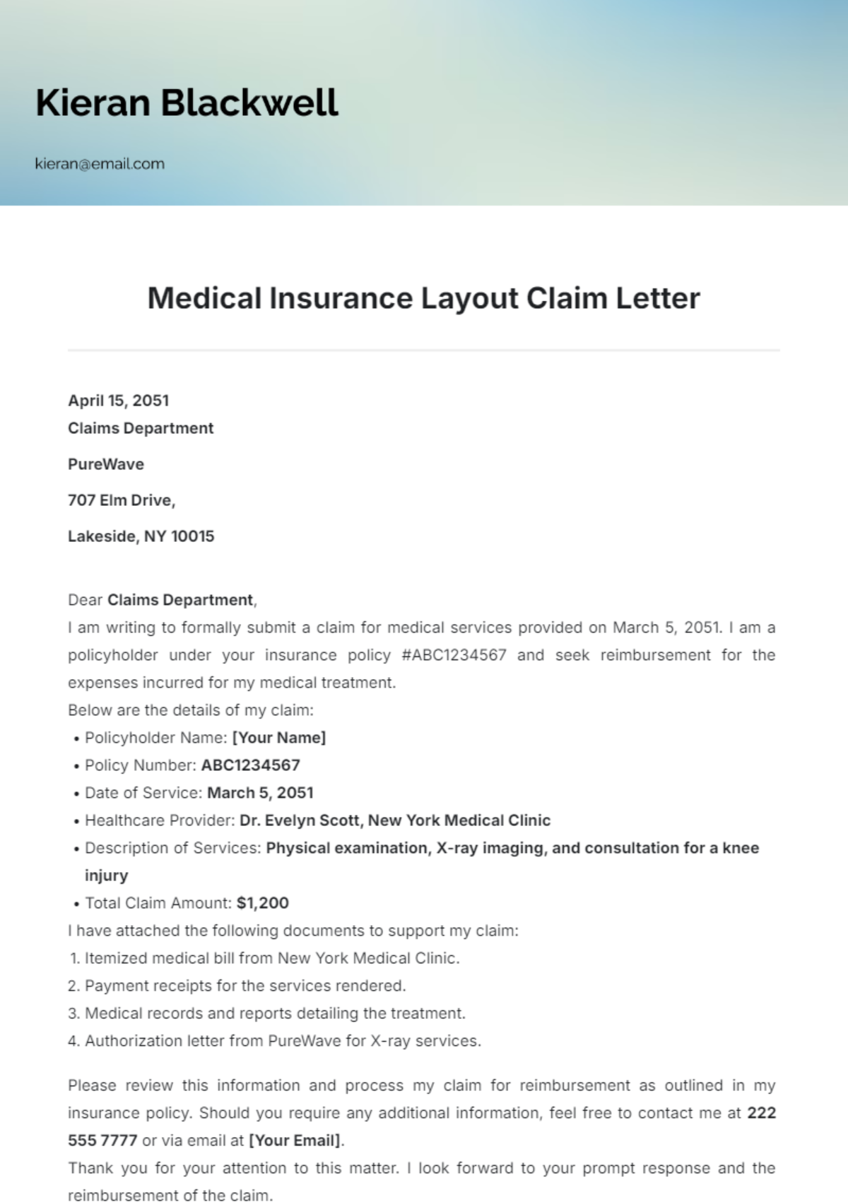 Medical Insurance Layout Claim Letter Template - Edit Online & Download