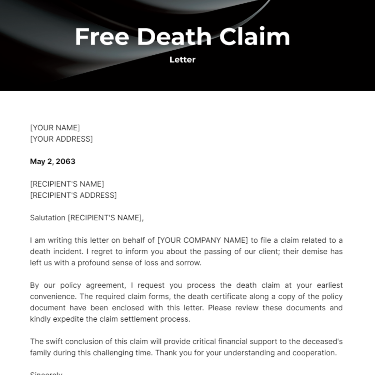 Death Claim Letter Template - Edit Online & Download