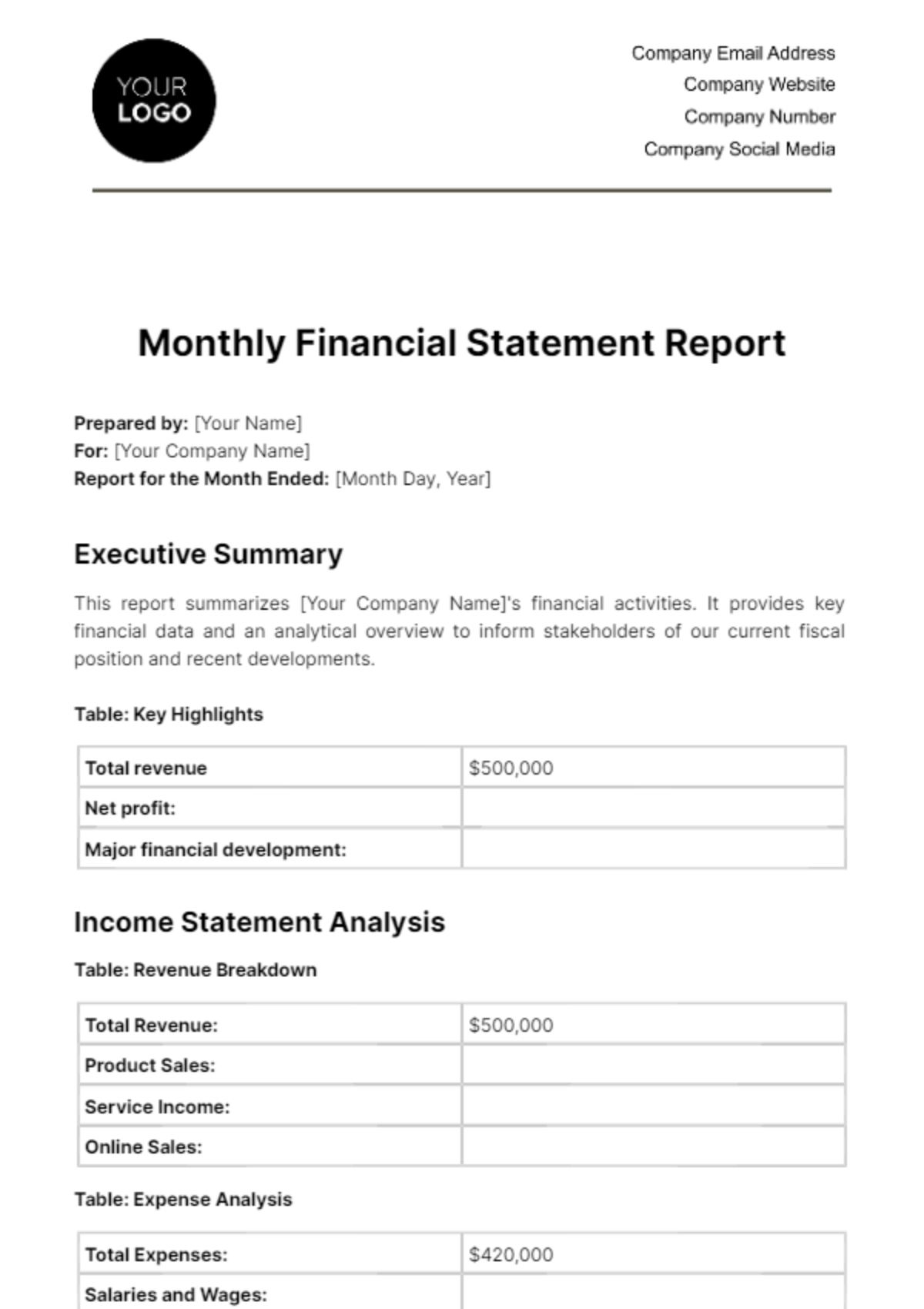 Monthly Financial Statement Report Template