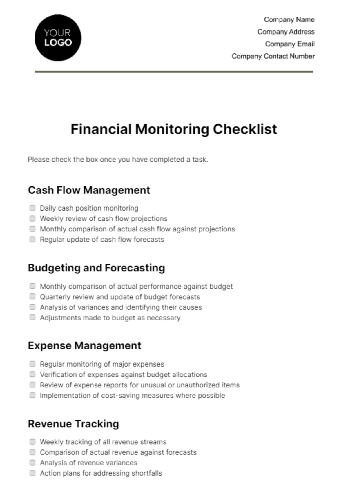 Financial Monitoring Checklist Template