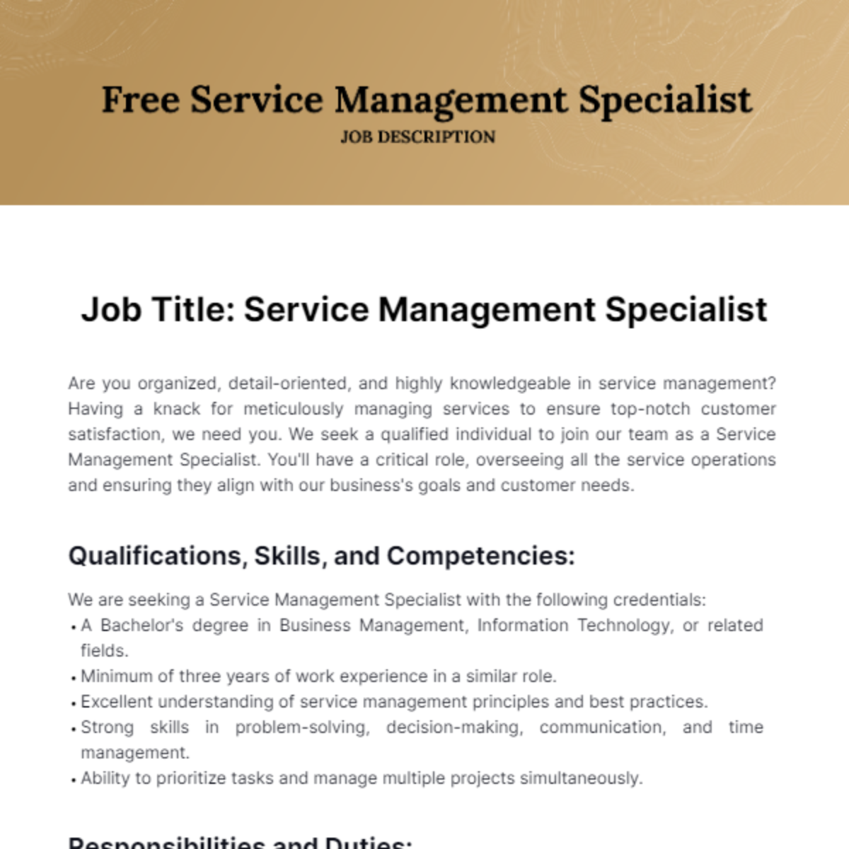 Service Management Specialist Job Description Template