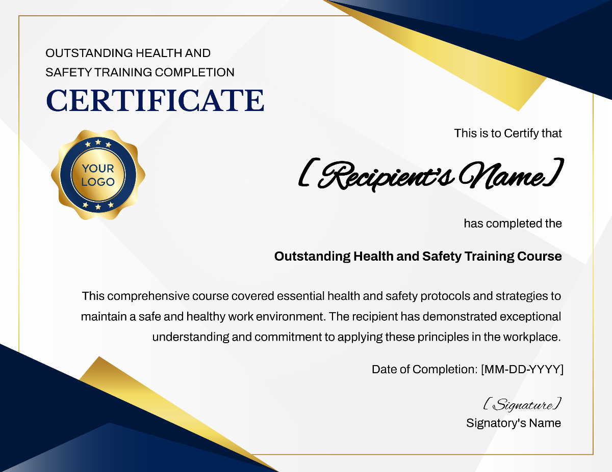 Outstanding Health and Safety Training Completion Certificate