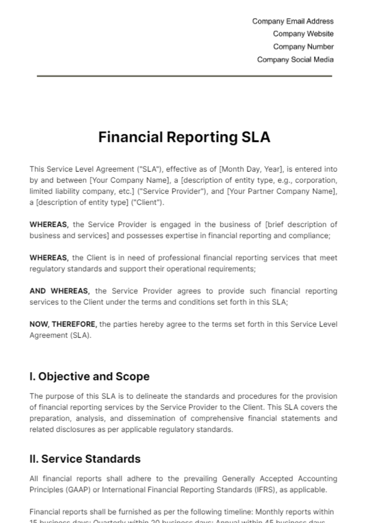 Free Financial Reporting SLA Template