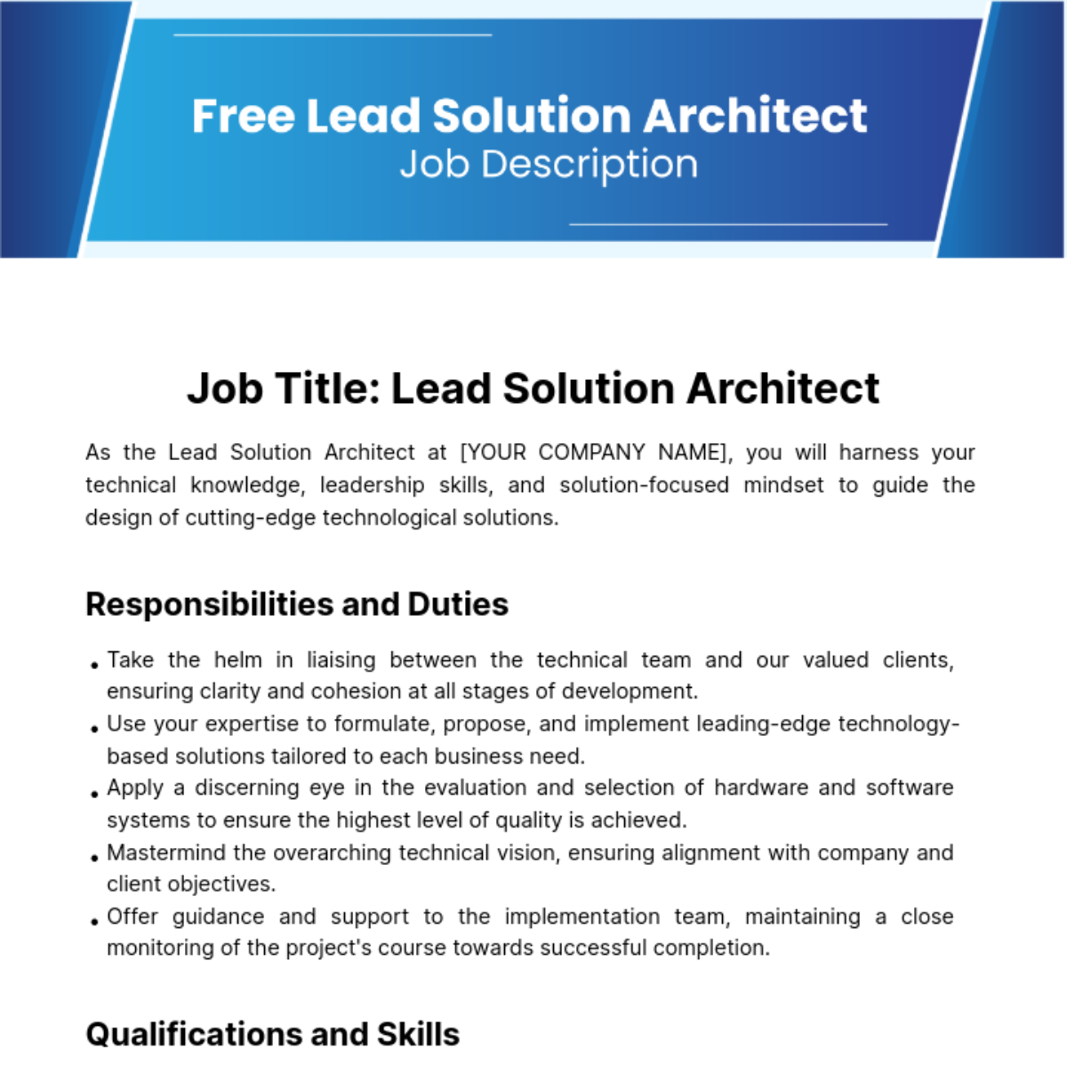 Lead Solution Architect Job Description Template