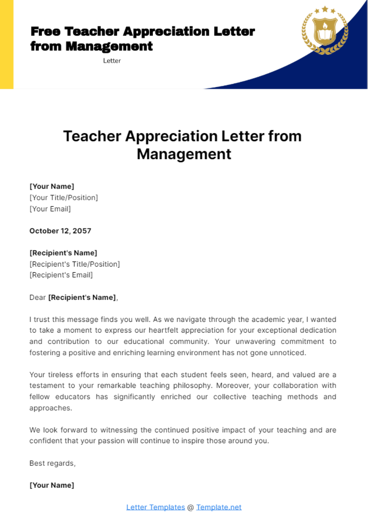 Free Teacher Appreciation Letter from Management Template
