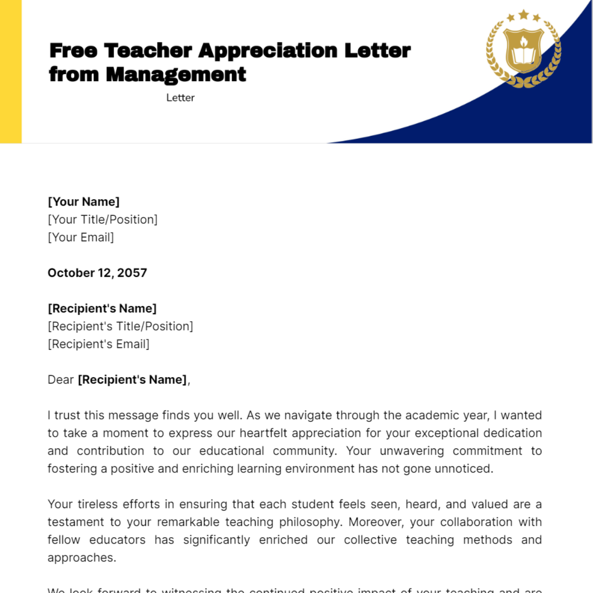 Teacher Appreciation Letter from Management Template