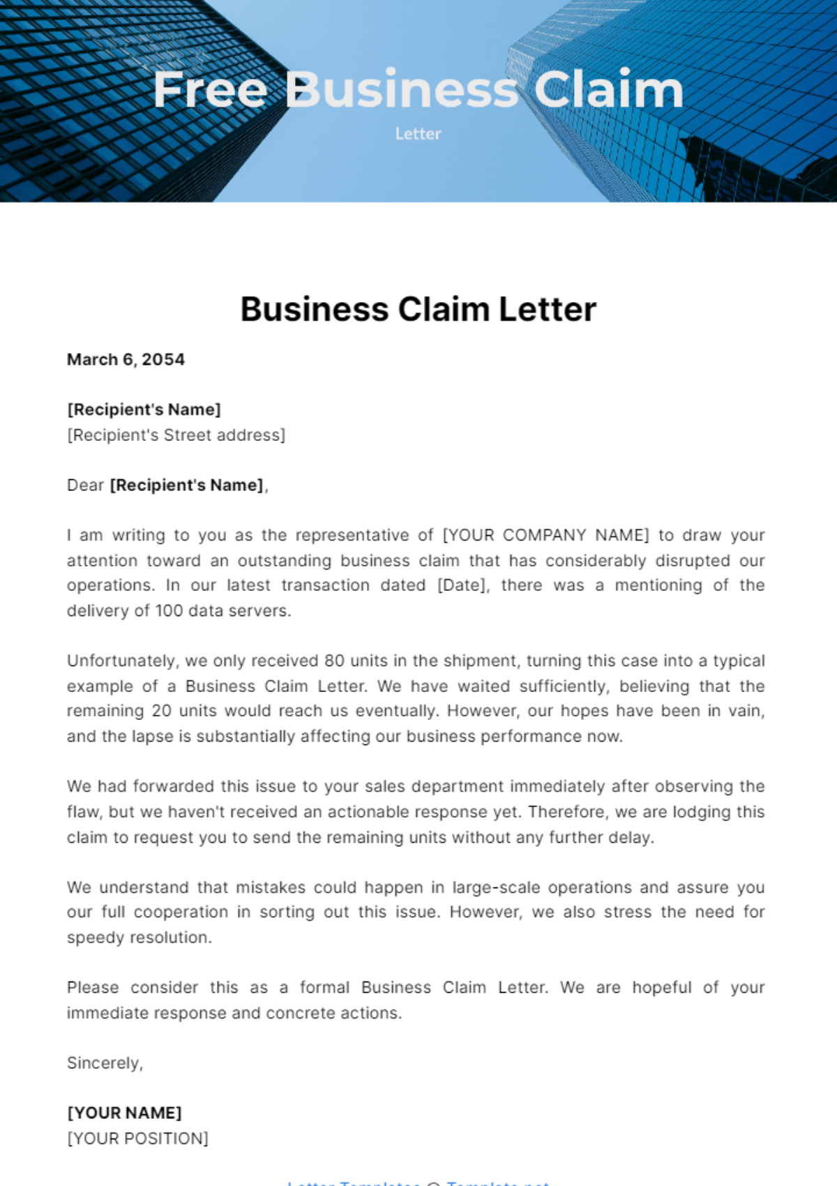 Business Claim Letter Template