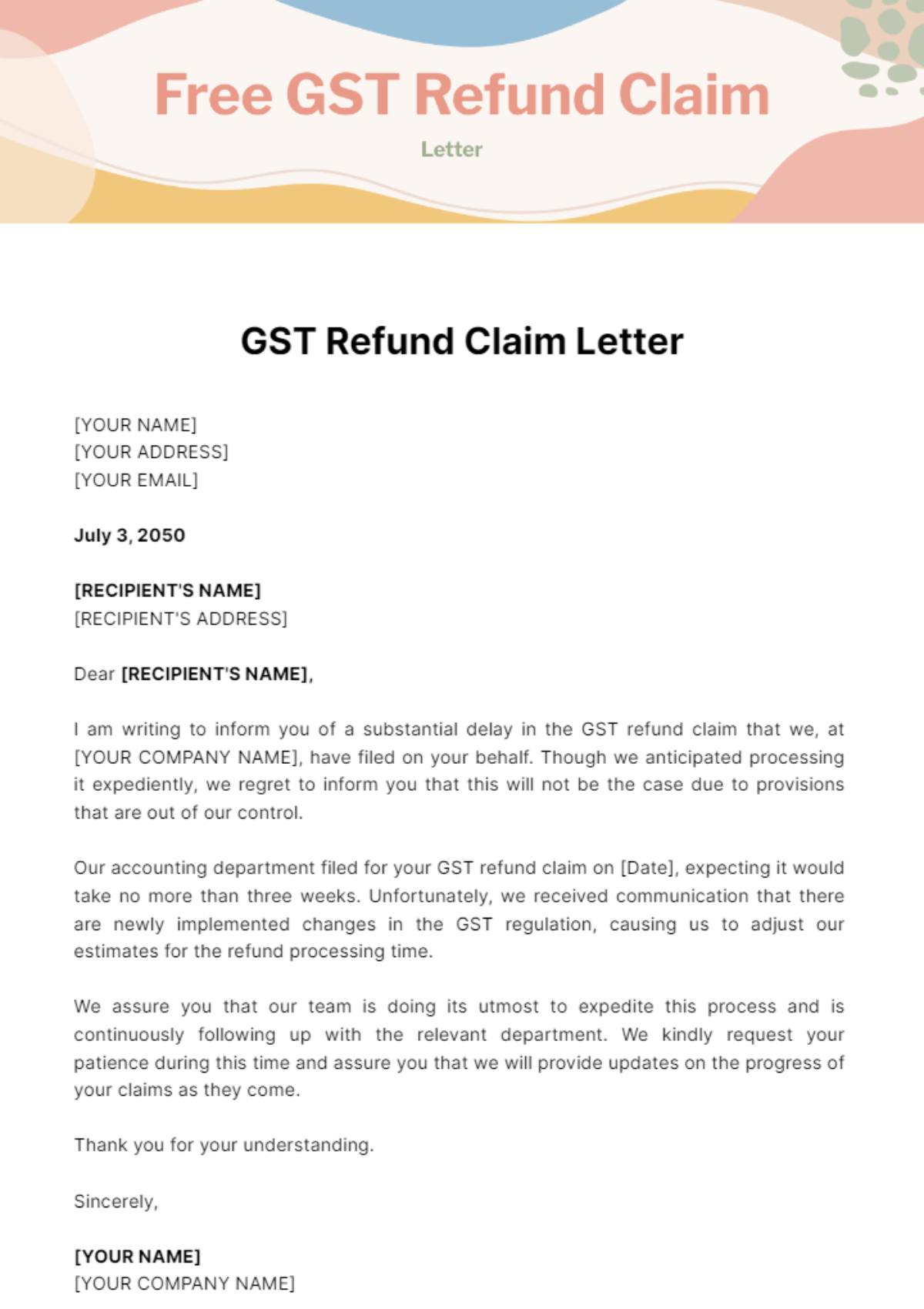GST Refund Claim Letter Template