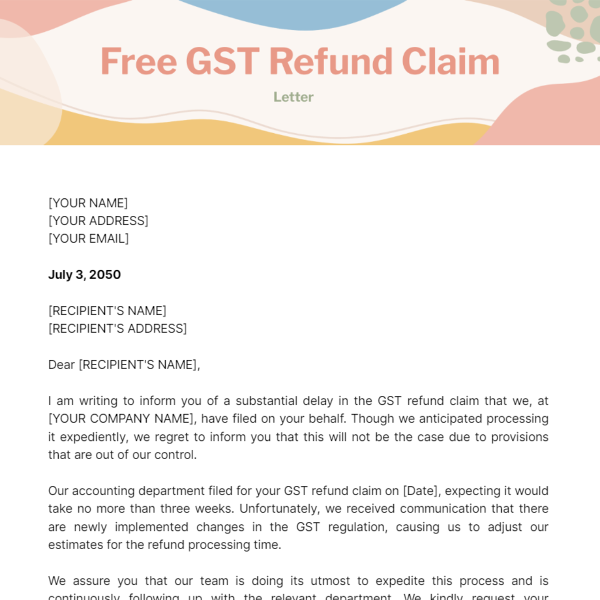 GST Refund Claim Letter Template - Edit Online & Download