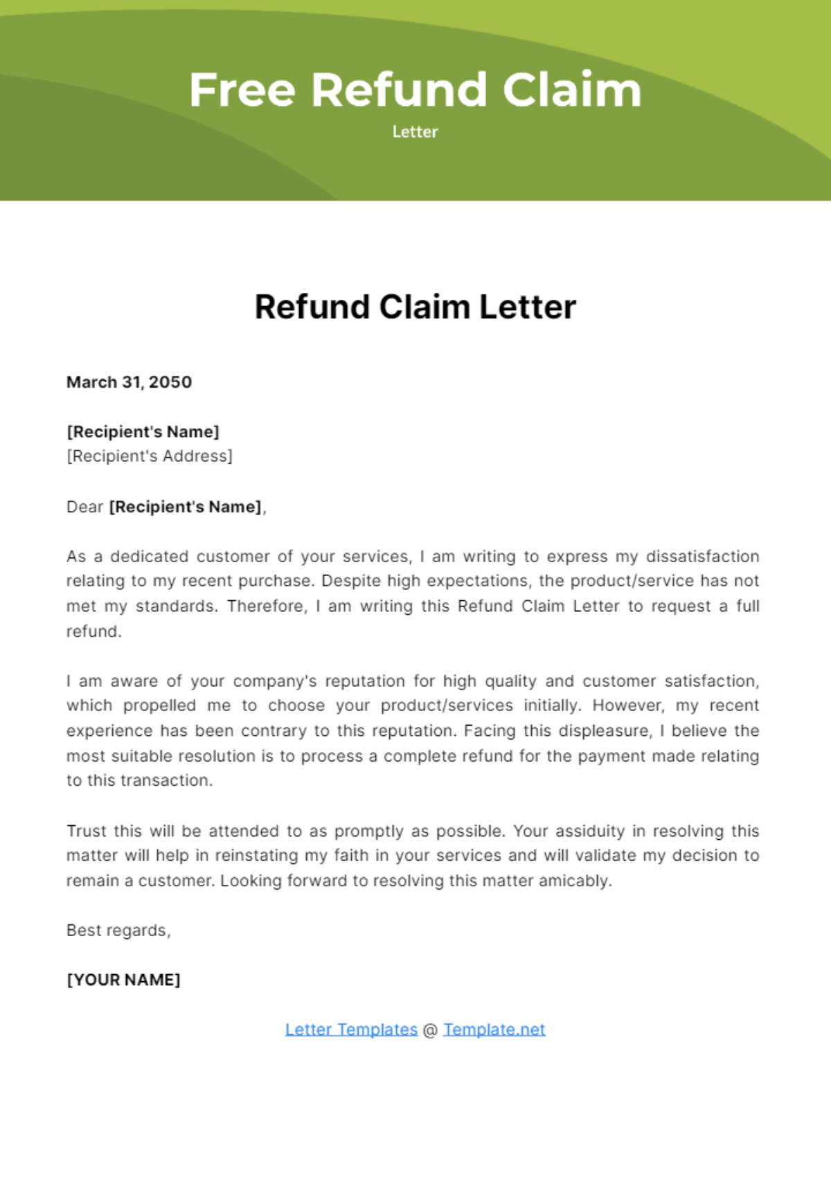 Refund Claim Letter Template