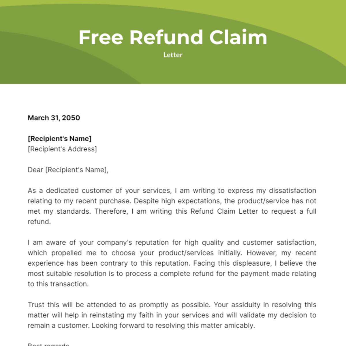 Refund Claim Letter Template - Edit Online & Download