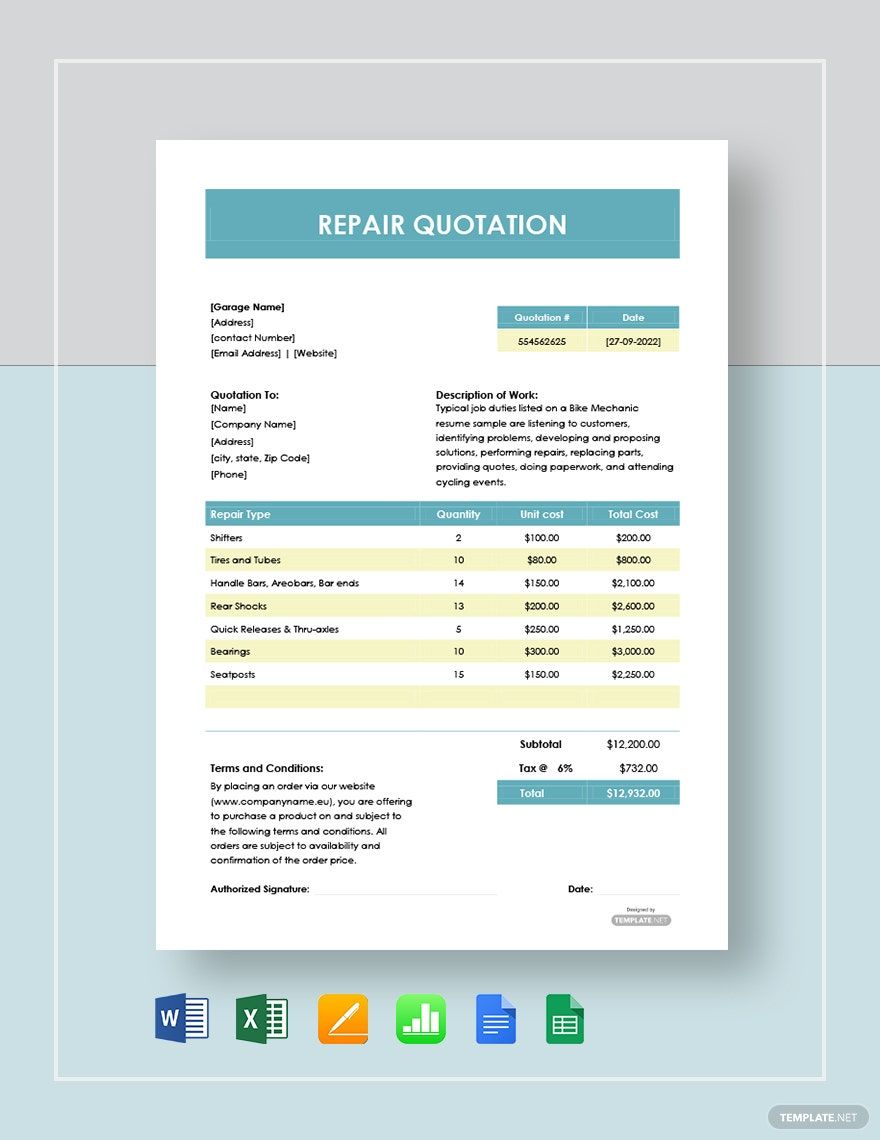 FREE Repair Quotation Template Download In Word Google Docs Excel