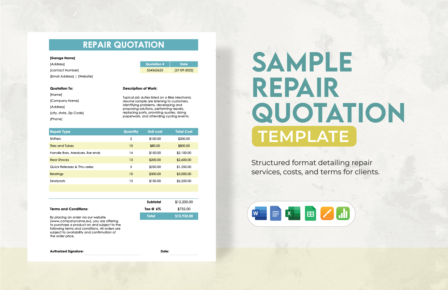 Free Sample Repair Quotation Template in Word, Google Docs, Excel, Google Sheets, Apple Pages, Apple Numbers