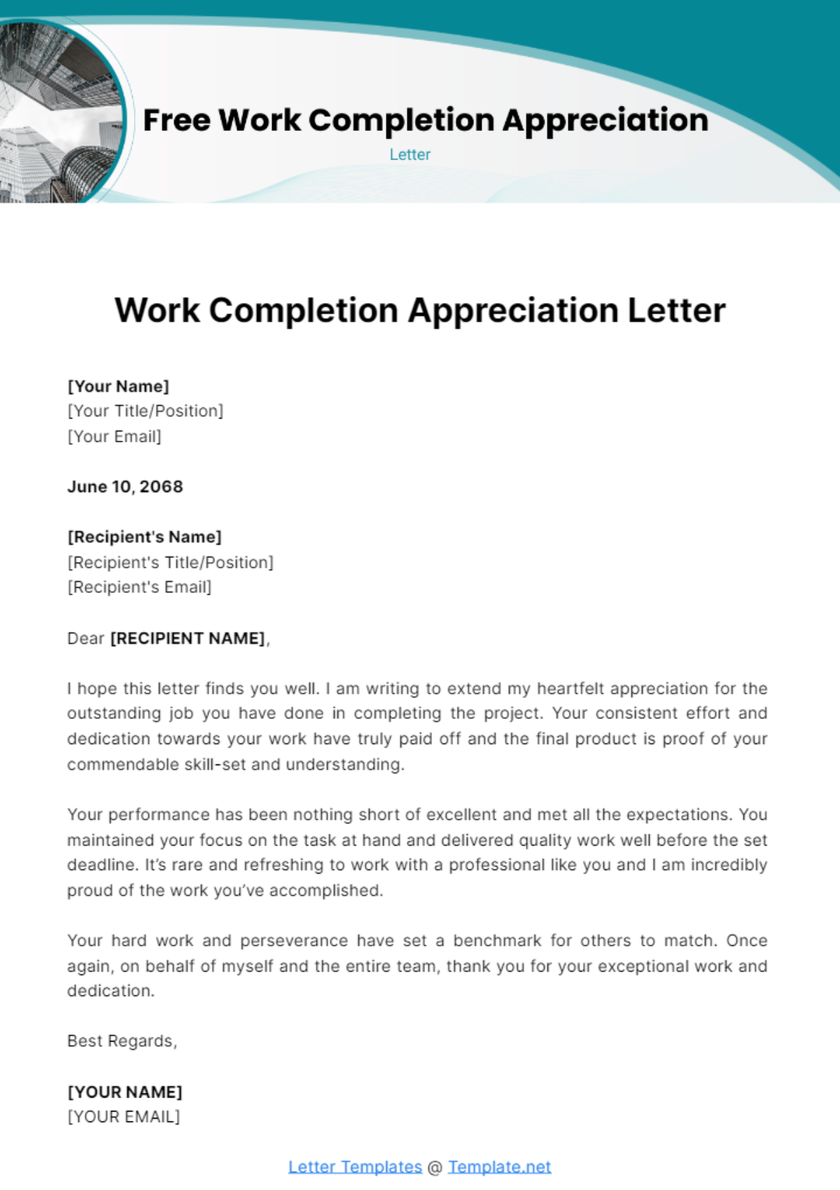 Work Completion Appreciation Letter Template