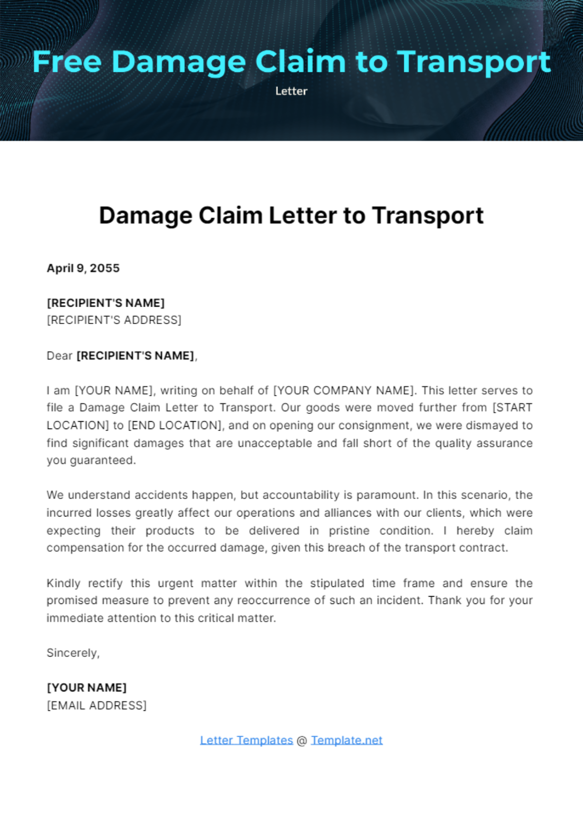Free Damage Claim Letter to Transport Template